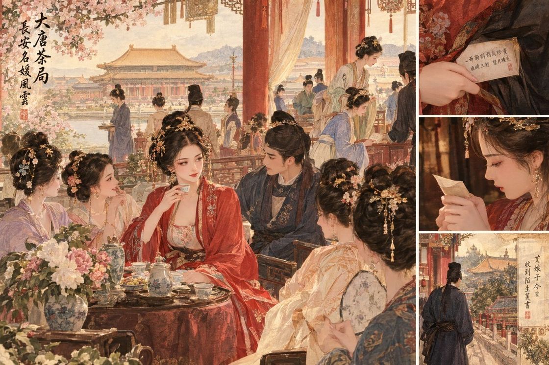 御苑茶會：紅衣娘子與眾賓客圍坐品茶，旁附素箋與宮苑插畫